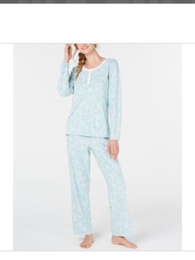 Women Charter Club Super Soft Textured Aqua Floral Vine Print 2 Pc PJ